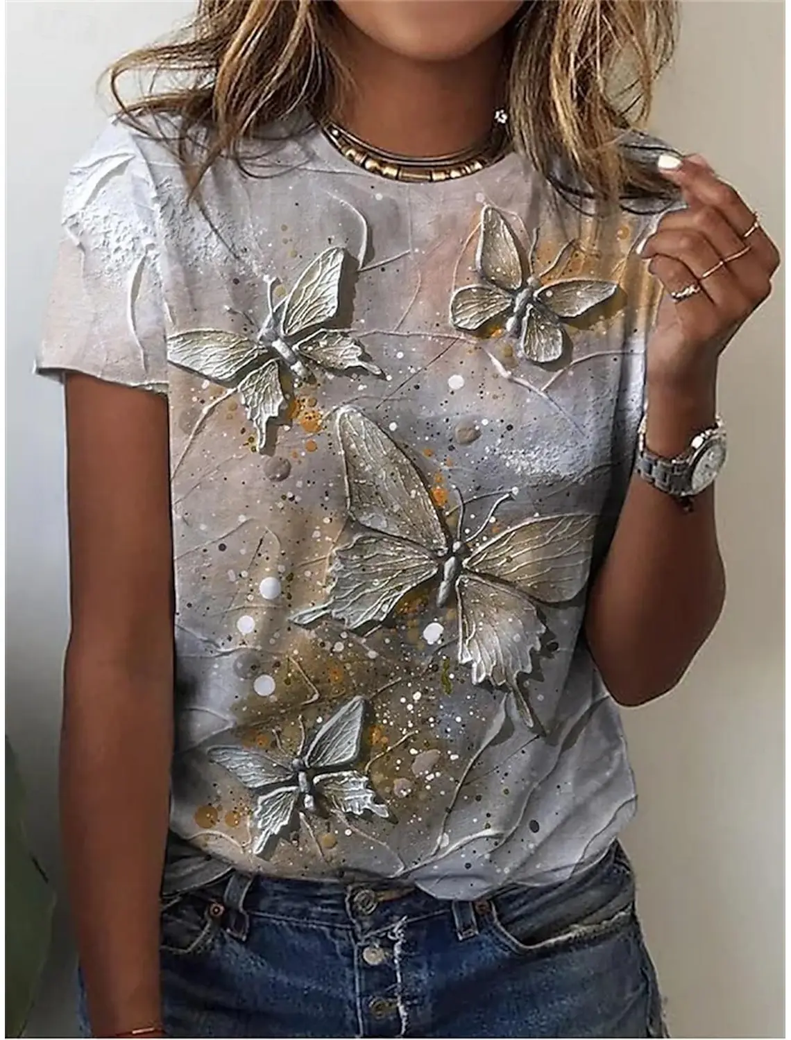 Women\'s T-Shirt Butterfly Printed Oversized T-Shirt Summer Fashion Women Clothing Y2k Floral O-neck T-shirts Female Tops Tees