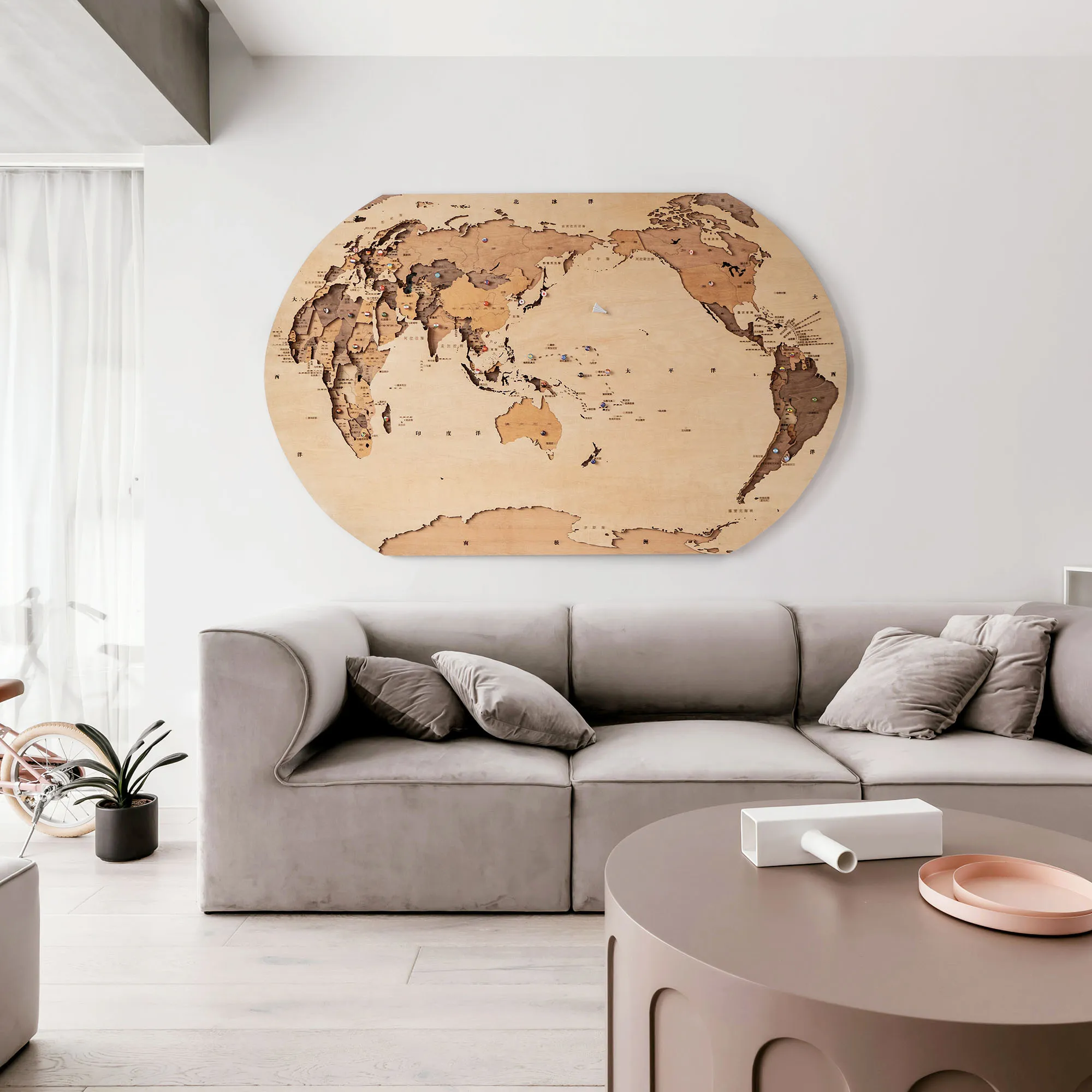 Ladder wood stacked solid wood world map wall decoration 3d three-dimensional concave and convex decorative painting wall view 3