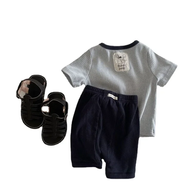 2025 Summer Baby's Sets With Label Thin Korea Children's Clothing Stripe Short Sleeved Shorts Two-piece Set