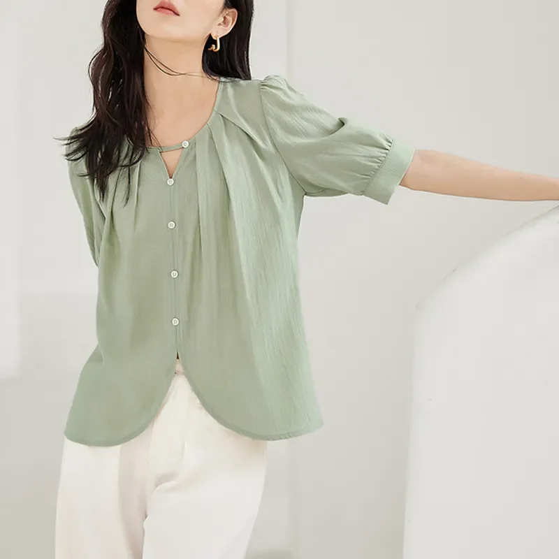 

Женская повседневная блузка в французском стиле с коротким рукавом, летняя новинка, плиссированный дизайн, шикарная легкая блузка