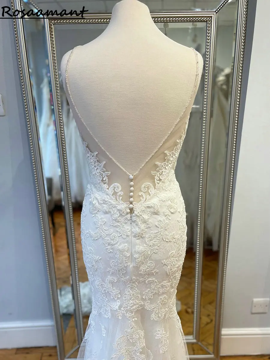 Robe de Mariée Sirène avec Bretelles Spaghetti et Perles, Dos aux, Appliques en Dentelle, pour Patients