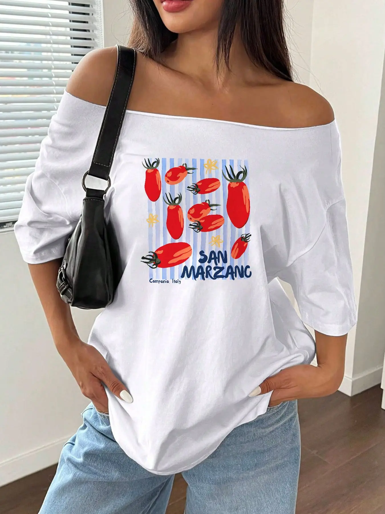 T-shirt ample 100 % coton grande taille avec imprimé tomate San Marzano, style Y2K, pour femme, collection été