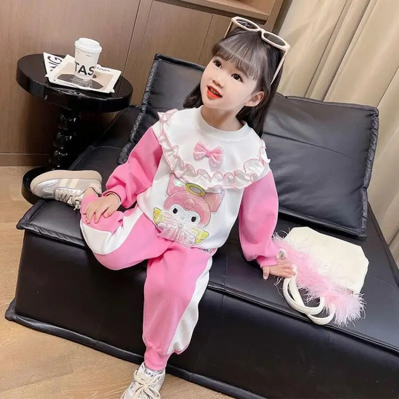 

Kuromi Sanrio Girls Anime Kawaii Lace Sweater Set Cartoon Spring and Autumn New Trousers T Shirt Fashionable Skin Friendly Soft