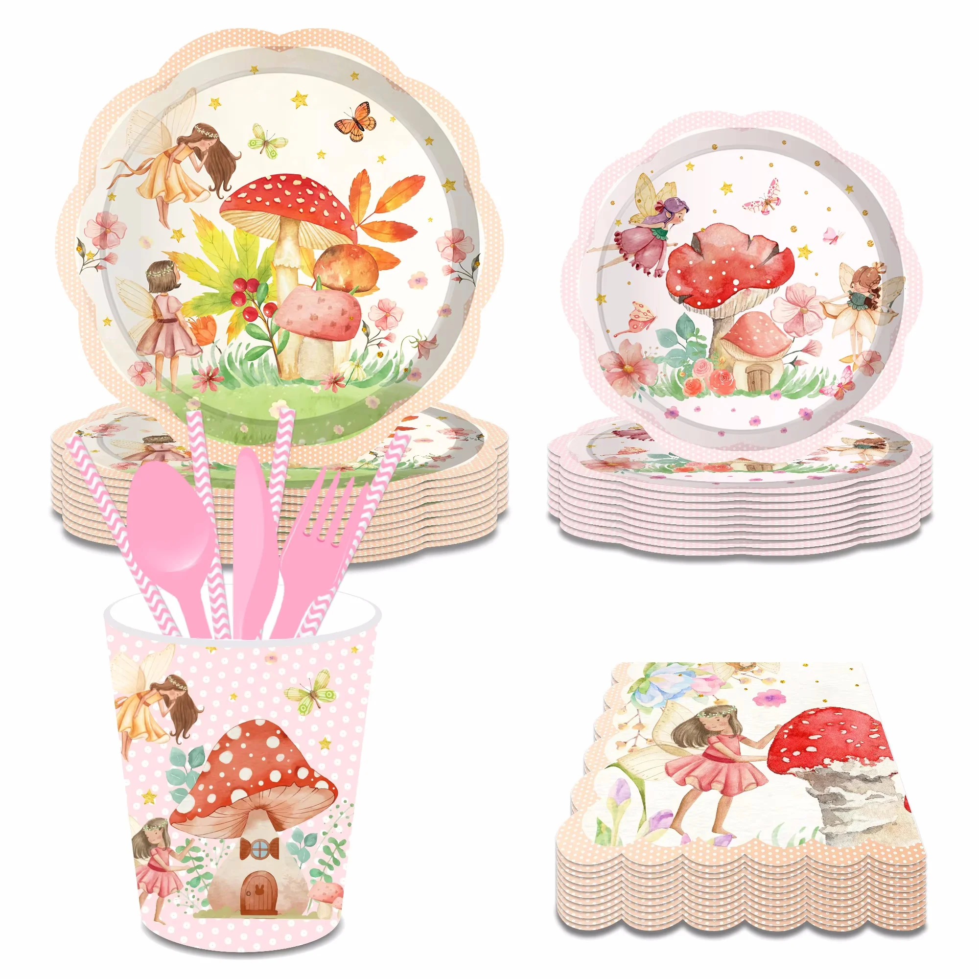 Mushroom Fairy Girl Butterfly Party Disposable Tableware Sets Paper Plates Cups Napkins Party Dinnerware Decor