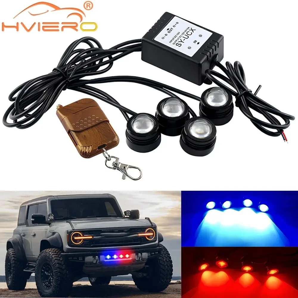 

4in1 Car LED Eagle Eye Emergency Warning Strobe Light Wireless Remote Control Day Running DRL for Truck Motorcycle Drl Fog Lamp