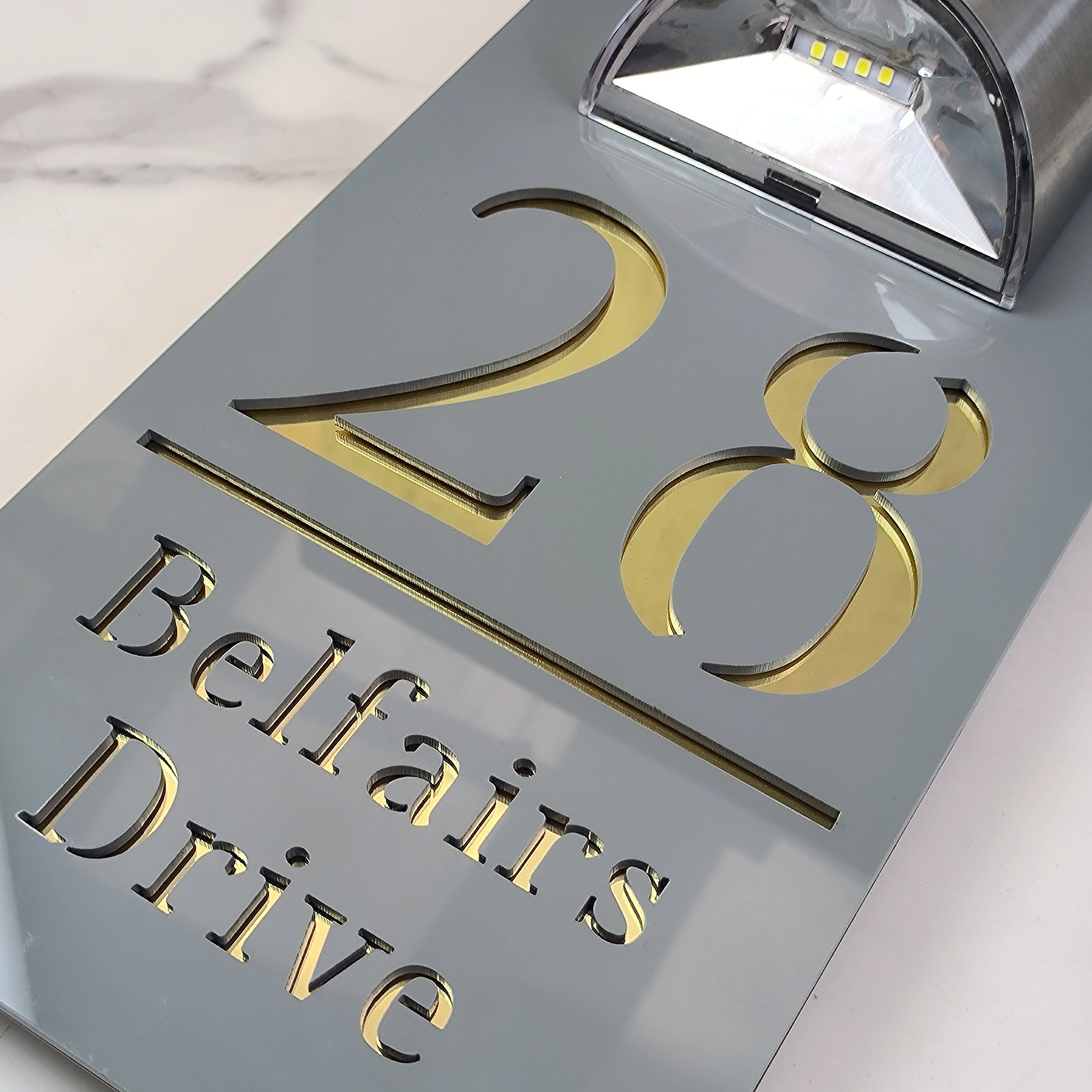 

Custom LED 3D Gray Gold Solar House Number Light Waterproof Outdoor Address Sign Family Name Modern Door Plaque Home Wall Decor