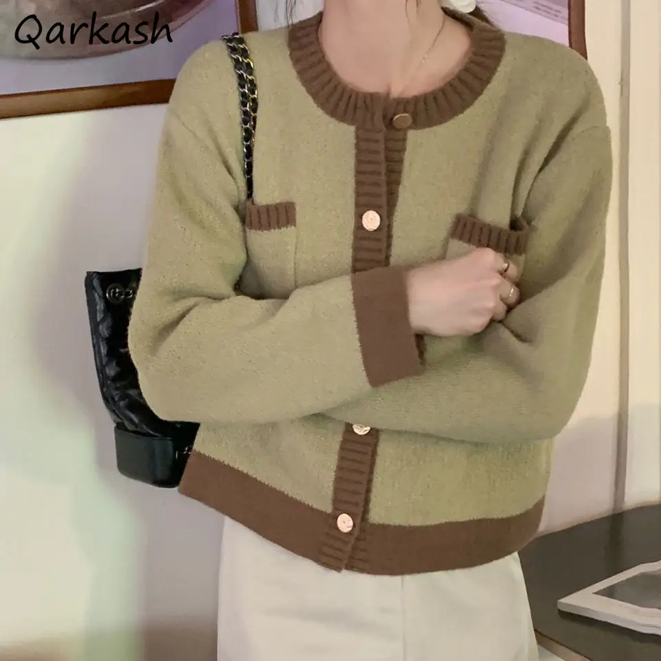 

Cardigan Women Pocket Patchwork Cozy Hot Sale Spring Autumn Casual Ins Aesthetic Fashion Harajuku Round Neck Simple Crops Knit