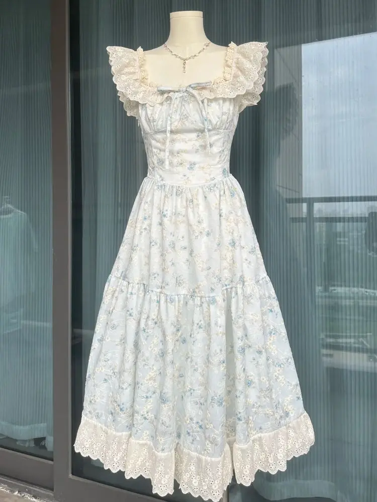 NONSAR ฤดูร้อนใหม่สไตล์ฝรั่งเศสน่ารักและหวานโบว์บินแขนชุดดอกไม้สีฟ้าผู้หญิง Elegant Gentle Slim A-Line ชุดยาว