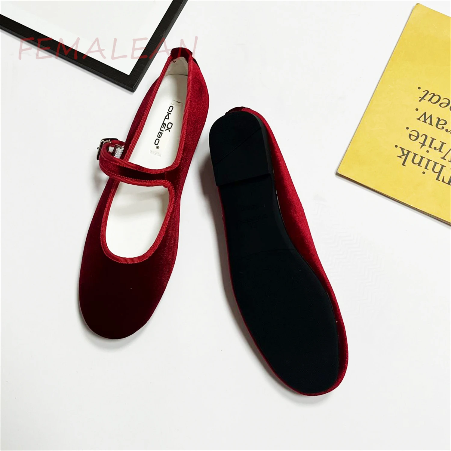 Vintage Velvet Burgundy Red Black Purple Round Toe Granny Belt Buckle Ballet Flats Casual Luxury Mary Jane Sandals Woman Shoes