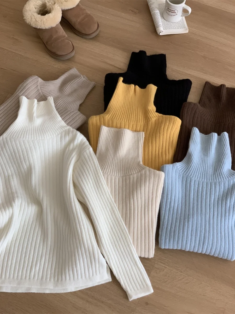 

Удобный мягкий вязаный свитер с высоким воротником в стиле ретро, ленивый разделенный подол, текстура в полоску, модный для поездок на работу, длинный све...