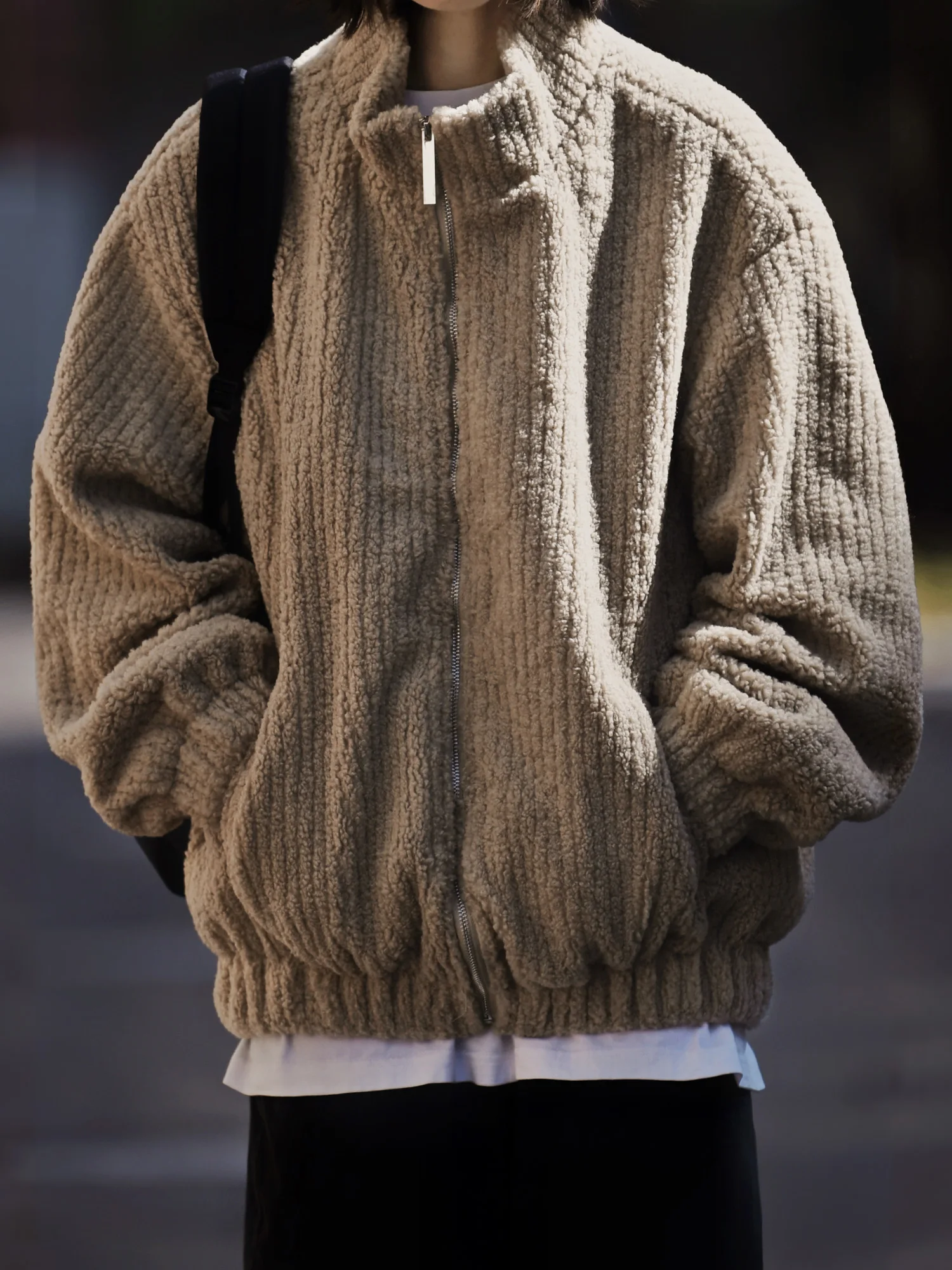 

Men's Fall Winter Retro Fleece Jacket Loose Fit Warm Stand Collar Cotton Coat with Vertical Texture Solid Casual Outerwear