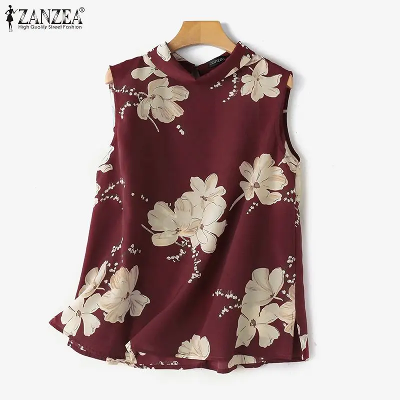 ZANZEA Women Floral Printed Vest Summer Bohemian Sleeveless Tops 2024 Elegant Fashion Stand Collar Shirt Vintage Casual Blusas