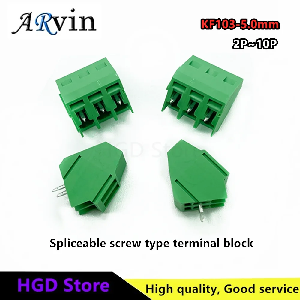 10pcs screw type spliceable terminal block DG/KF103-5.0mm 45 degree inclined side terminal block 2P-10P
