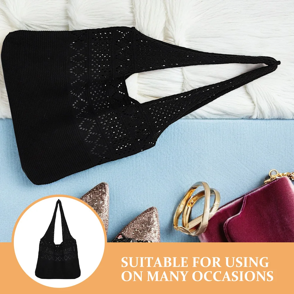 1 قطعة محبوك حبال جوفاء امرأة سوداء خفيفة الوزن حمل الكتف امرأة تصميم جوفاء حقيبة يد محبوك حقيبة البوليستر