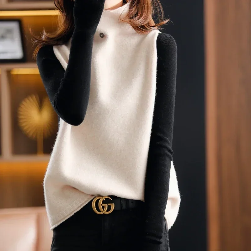 

2023 Cashmere Overlay Tank Top vest women new high neck vest autumn and winter knitted loose sleeveless women's pullover sweater