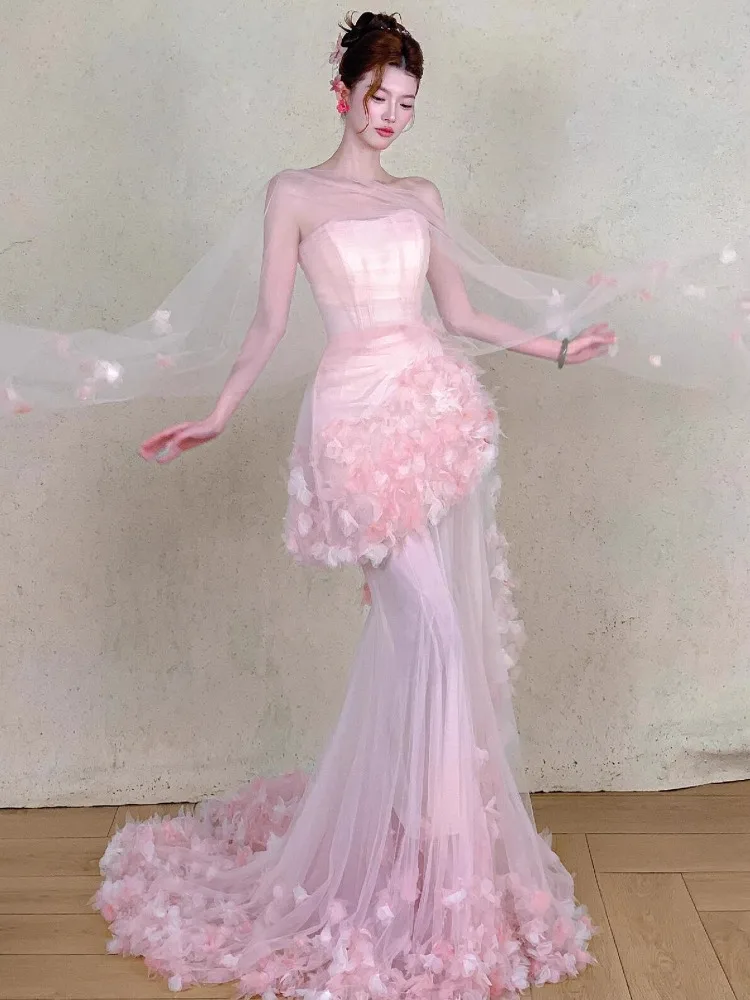 Розовые длинные свадебные платья по индивидуальному заказу, женские тюлевые цветы без бретелек со складками, Русалка, вечерние платья для выпускного вечера, танцевальные свадебные вечерние платья