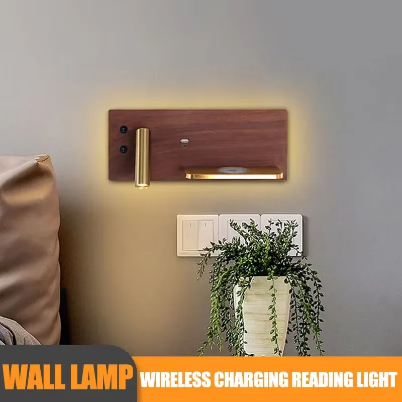 Gold Luxury Reading Wall Light Home Hotel Bedroom Wireless Charger Board USB Charger Outlet Dual Switch Led Light Fixtures