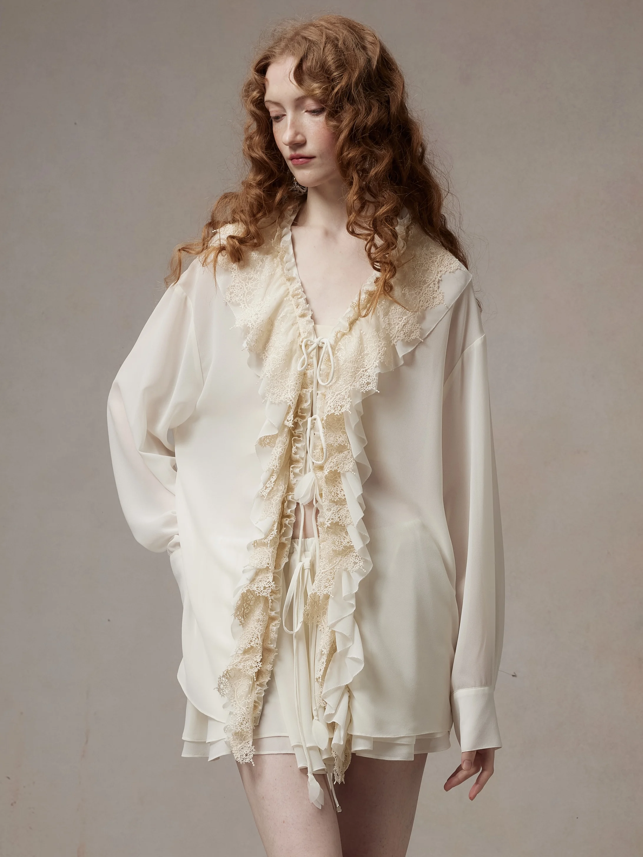 

Original Fasogno Spring Summer 2026 Lace Celebration Court Lace Chiffon Shirt French Style Loose Fit Long Sleeve V Neck
