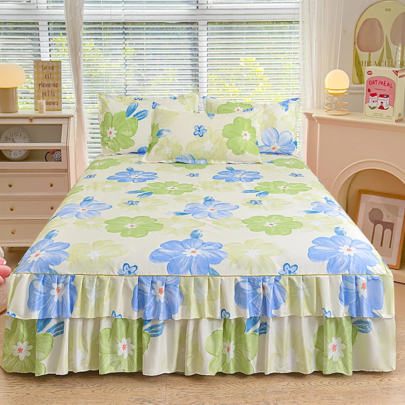 3pcs Cartoon Flowers Bed Skirt Set Plant Floral Pattern Bed Cover Girls Bedroom Bedding with Pillowcase Double Ruffles Bedspread