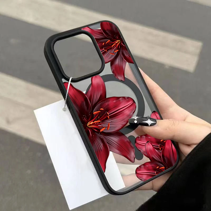 Burgunderrote Lilienblüten-Magnet-Schutzhülle für iPhone 11 12 13 14 Pro 15 16 17 Pro Max 16 Plus Air 17E 16E Stoßfeste Hülle – Detail 1