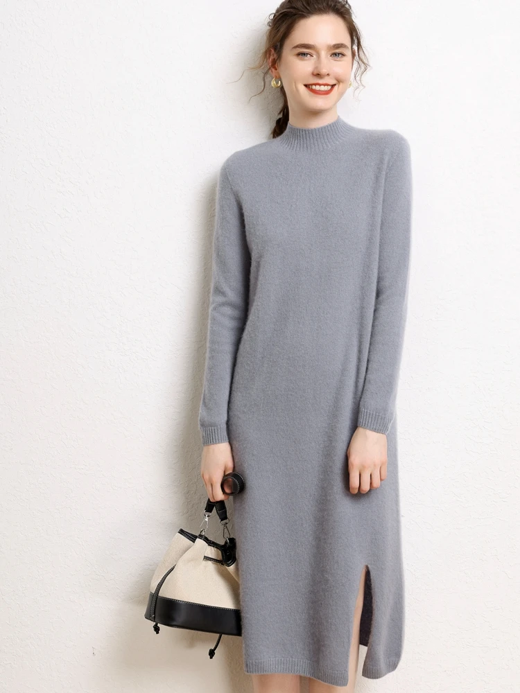 

Women's Sweater Dress Cashmere Mock Neck Pullover Autumn Winter Solid Soft Basic 100% Cashmere Knitwear Chic Long Sleeve Skirts