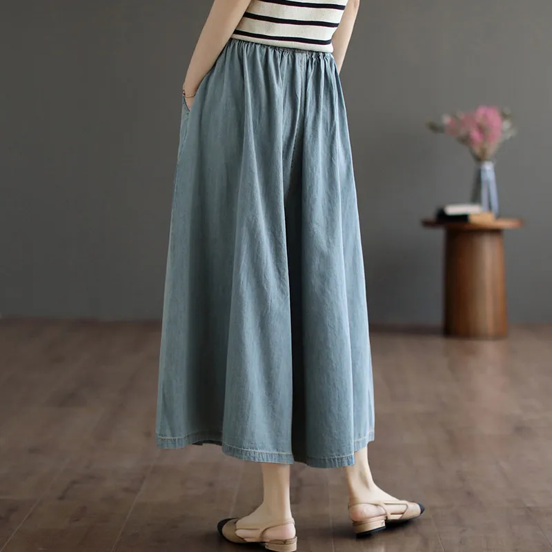 Women jeans 2024 New Summer Casual Korean fashion Seven points wide leg Pants loose thin Imitation Denim Skirt pants female R547