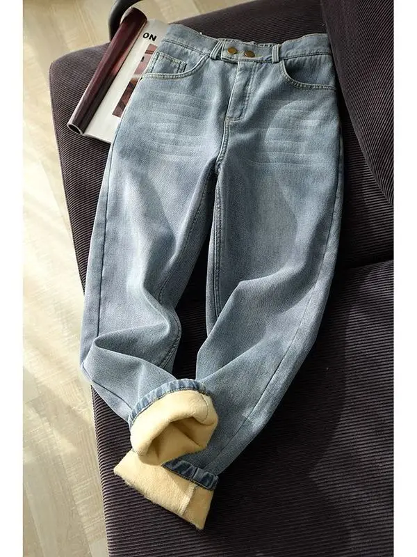 

plus Size Fce Lined Thiened Semi Elastic Waist Denim Jeans Men's Winter Warm Loose Casual Long Pants Straight Tube Jeans