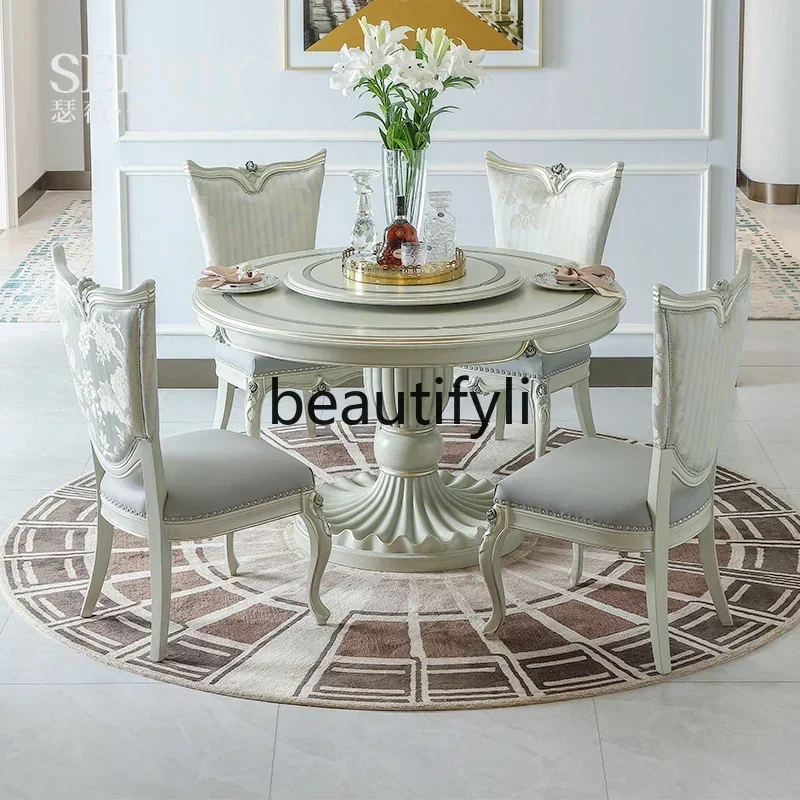 French Light Luxury Solid Wood Turntable Round Dining Table European Court Luxury Villa Large Flat Dining Table And Chairs