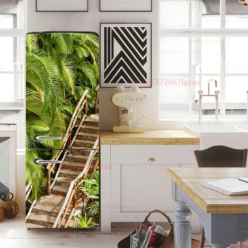 Abstract Feather Fridge Door Art Mural Sticker Leaves Design Wallpaper Kitchen Waterproof Fresh Fruit Poster Refrigerator Decals