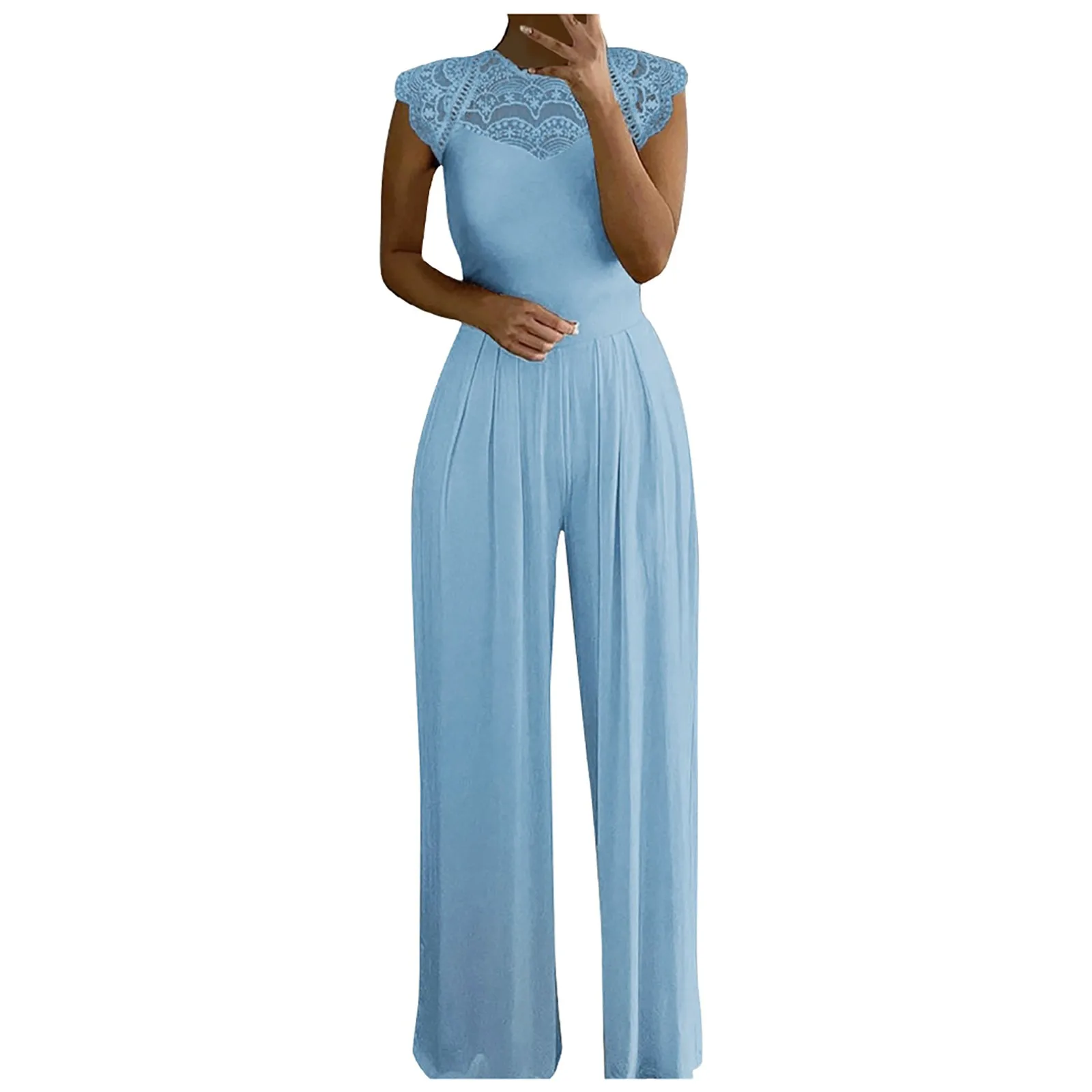 Jumpsuit wanita lengan pendek, Jumpsuit elegan mode sambungan renda leher bulat lengan pendek pinggang Solid lurus Jumpsuit kaki lebar