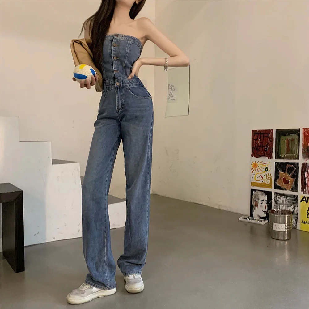 

Spring Autumn New Temperament Sexy Sleeveless Tube Denim Wide-leg Jumpsuits Women Fashion Streetwear 2022