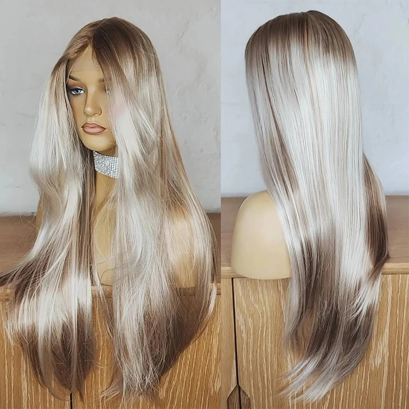 

High Quality Synthetic Fiber Straight Wigs Close to Human Hair Platinum Blonde Highlights Wig Transparent Swiss Lace Front Wig