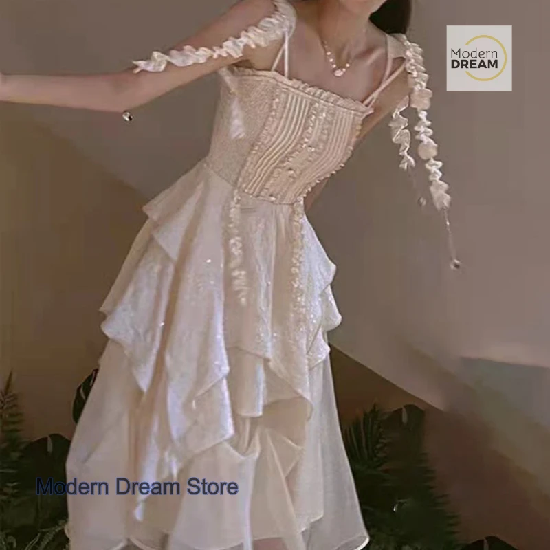 

French sweet and gentle wind princess suspender dress female summer new fashion design advanced tassel knee-length dress