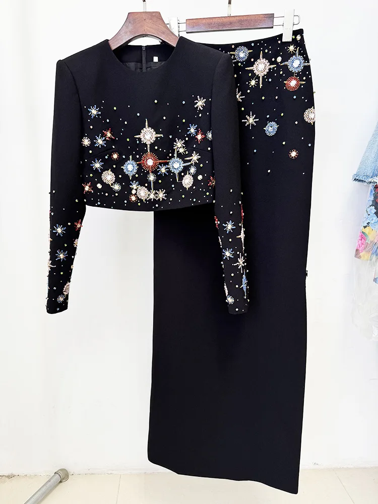 HIGH STREET Newest 2026 Designer Fashion Suit Set Women's  Diamonds Beaded Cropped Tops Long Skirt Set 2pcs