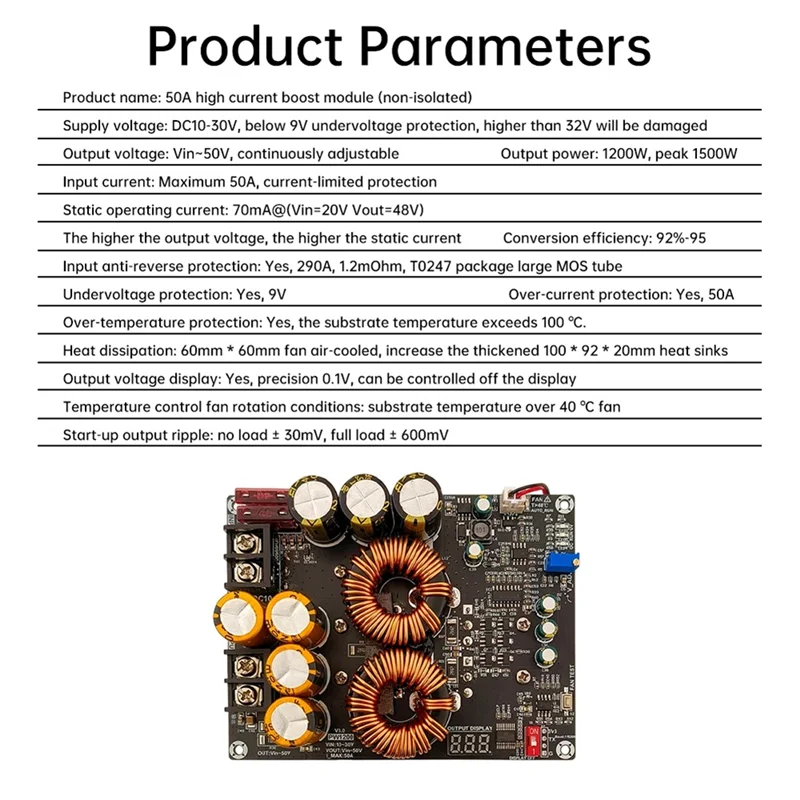 

DC-DC Boost Converter Step Up Power Supply Module 1200W 50A Dual Inductor 10-30V To Vin-50V Adjustable Voltage Charger