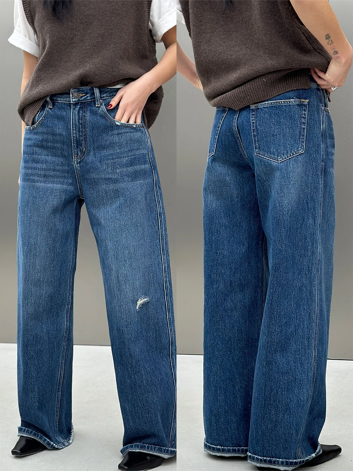 

Bodhl Vintage Distred Wide Leg Jeans Sli Slimming High Waist Cotton Denim Casual Trousers for Women Autumn Spring