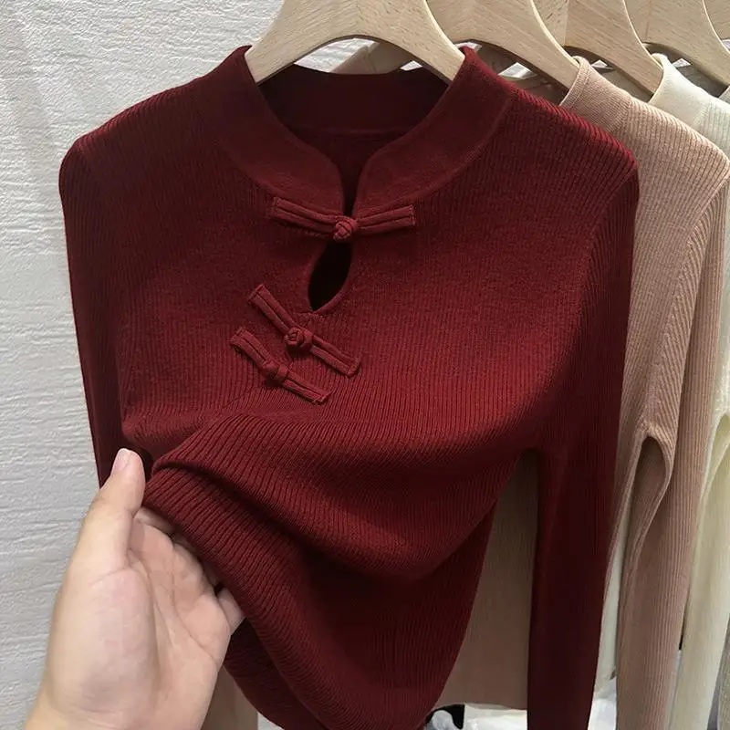 Half Turtleneck Red Disc Buckle Hollow Knit Top Women\'s Early Autumn Burst Top Winter High-grade Sweater