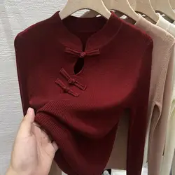 Half Turtleneck Red Disc Buckle Hollow Knit Top Women's Early Autumn Burst Top Winter High-grade Sweater