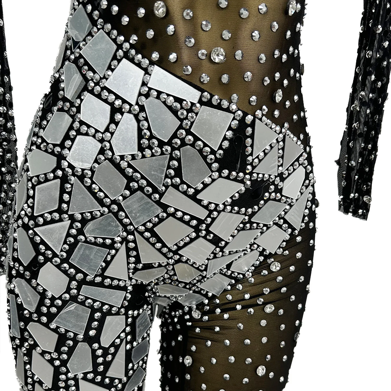 Sexy Women Black See Through Mesh Bodysuit Sparkly Rhinestone Mirrors Tight Fitting Catsuit Club Party Event Show Wear Shanfeng
