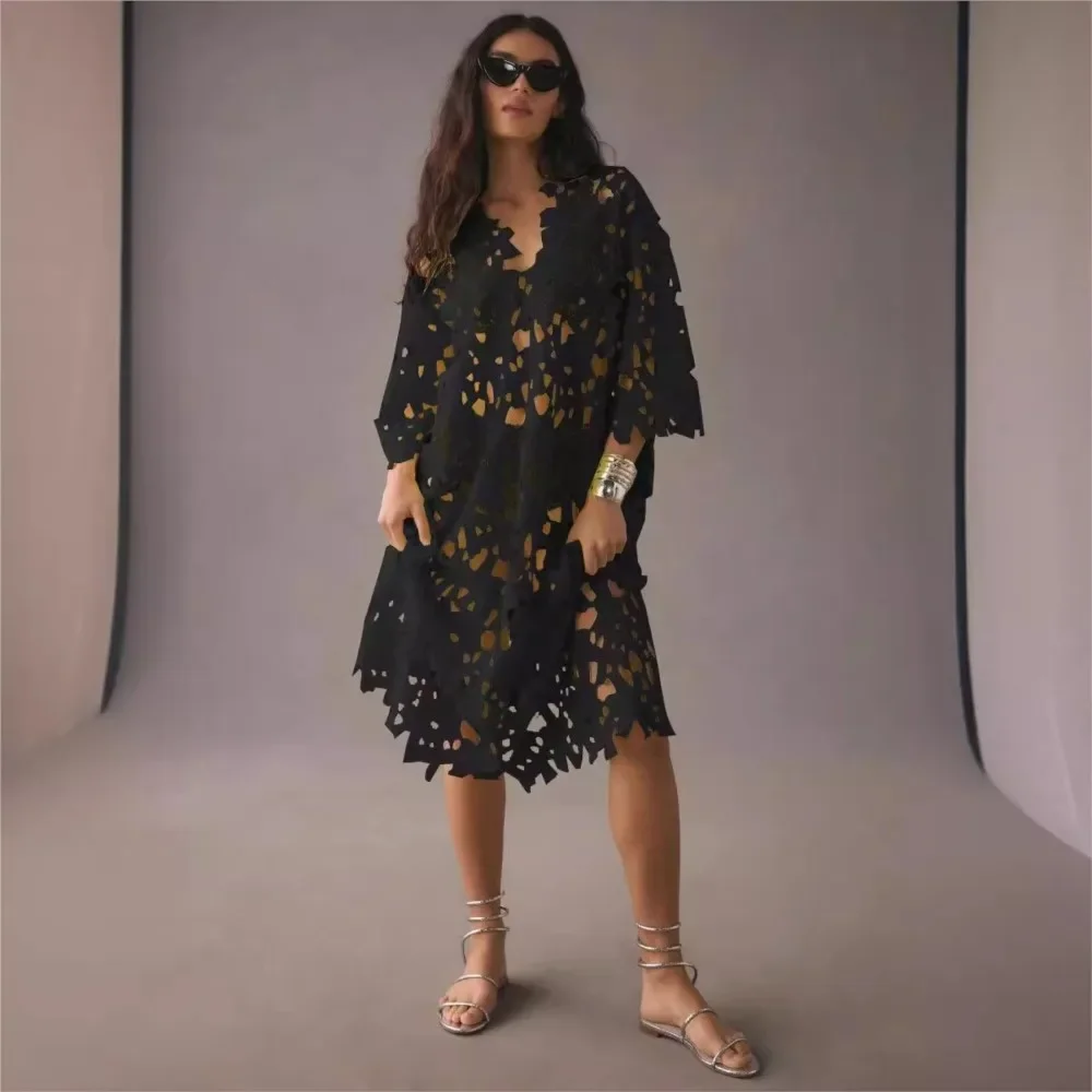 CPSYMYM Abiti grembiule da vacanza al mare da donna sexy vuoti Abito femminile in pizzo allentato casual moda estiva
