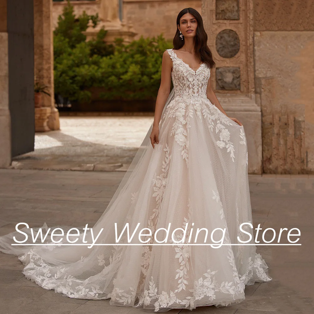 

New Wedding Dress 2025 Sexy V Neck Sleeveless Applique Dot Tulle A Line Court Train Woman Bride Bridal Gown Vestido De Noiva