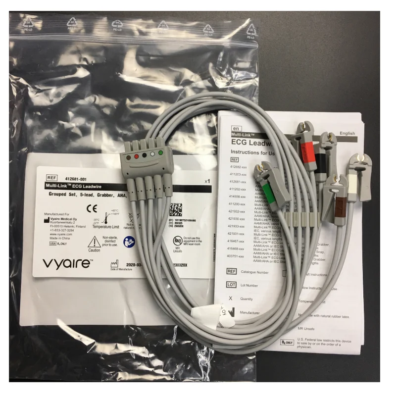 REF 412681-001 Vyaire GE Original Multi-Link ECG Leadwire. Grouped Set, 5-lead, Grabber, AHA, 74cm/29in.