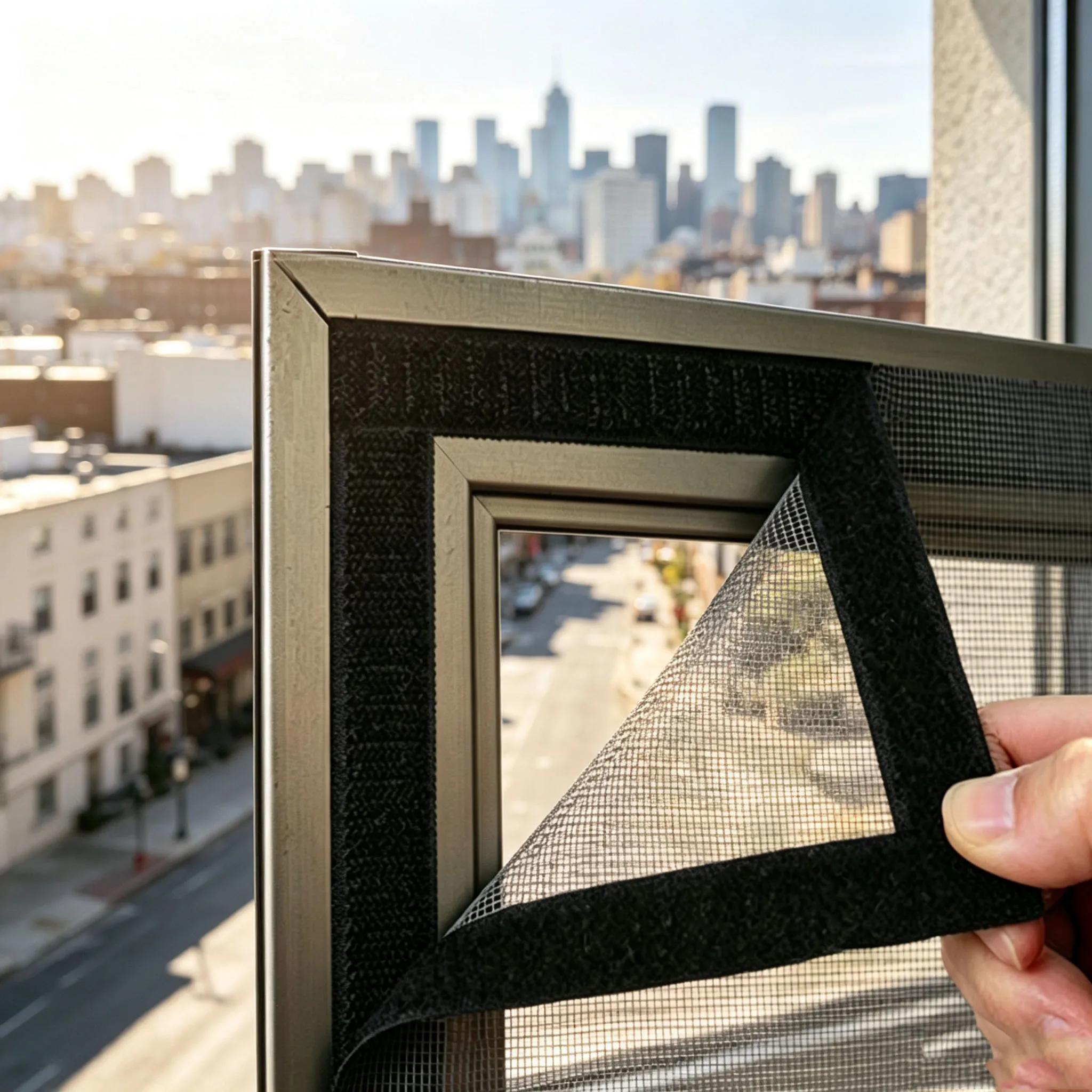 Black-edged, reusable insect-proof mesh screen with black Velcro—breathable, washable, custom-sized, and easy to install.