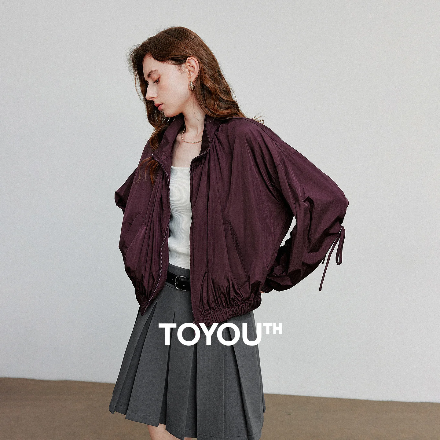 

TOYOUTH Women Coat 2025 Autumn New Old Money Style Sun Protection Stand Up Collar Jacket Coat Wine Red
