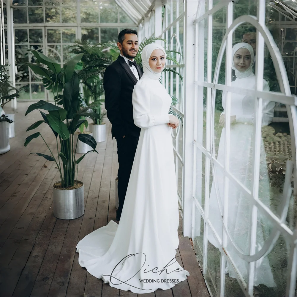 QICHE Bescheiden Lange Mouw Moslim A-lijn Trouwjurken Voor Vrouwen 2026 Plooi Civiele Party Gown Vestidos De Novia Aangepaste