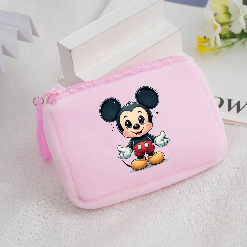 Disney Mickey MouseSolid Color Plush Cute Coin Purse Women's Cute Wallet ID Card Bag Keychain Coin Bag Kawaii Wallets for Ladies