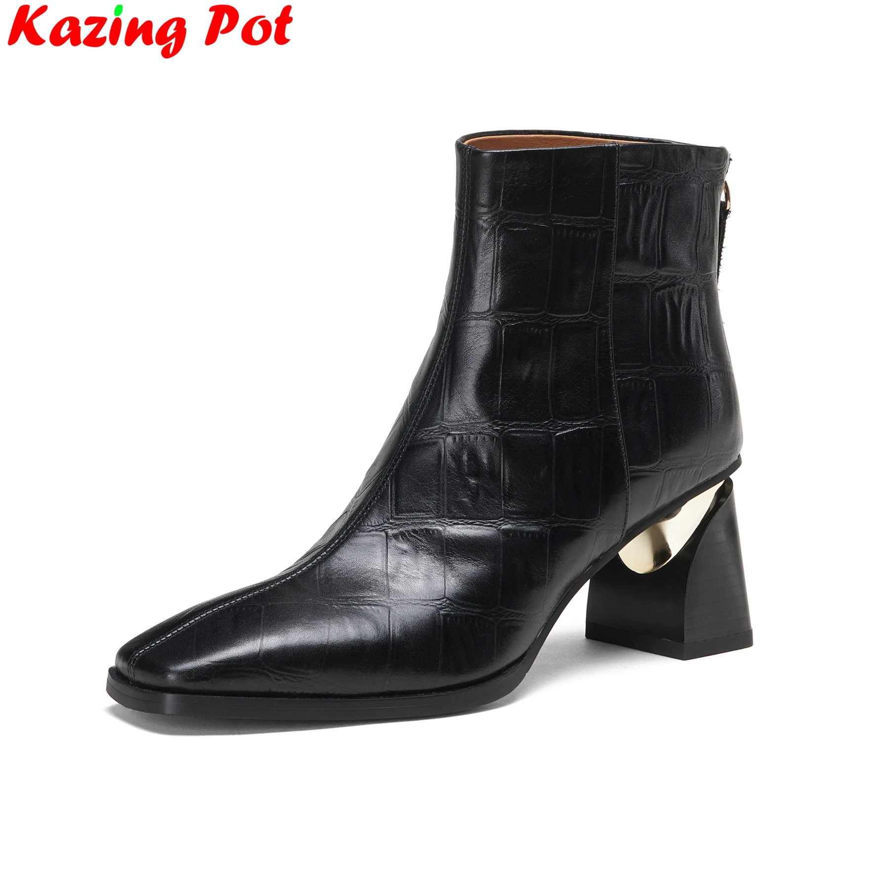 Botas de tacón alto de cuero vacuno de talla grande con punta cuadrada y estampado, con cremallera, modernas, cálidas para invierno, zapatos de baile, elegantes para citas, botines de marca.