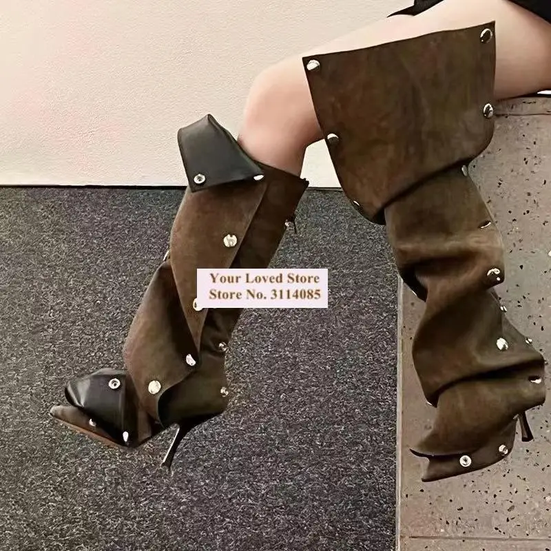 Women High-Heeled Pointed Toe Metal Rivets Knee Boots Two-Way Wear Piled-Up Tall Boots Metallic Button Slouchy Long Boots