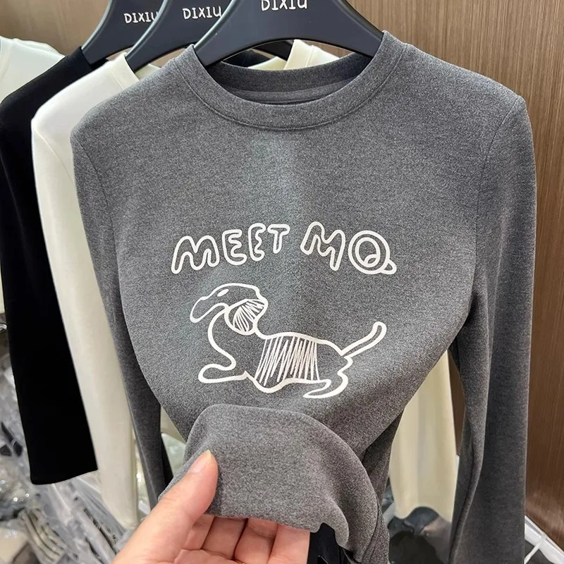 

Женская футболка с длинным рукавом в японском ретро-стиле, с круглым вырезом, с принтом собаки, базовая, для повседневной носки, зимний сезон