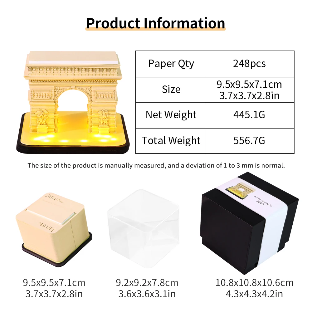 

Desk Decoration 3D Memo Pad Custom Daily Calendar With LED Light Acrylic Box Arc De Triomphe Art Paper Notepad Party Birth Gifts